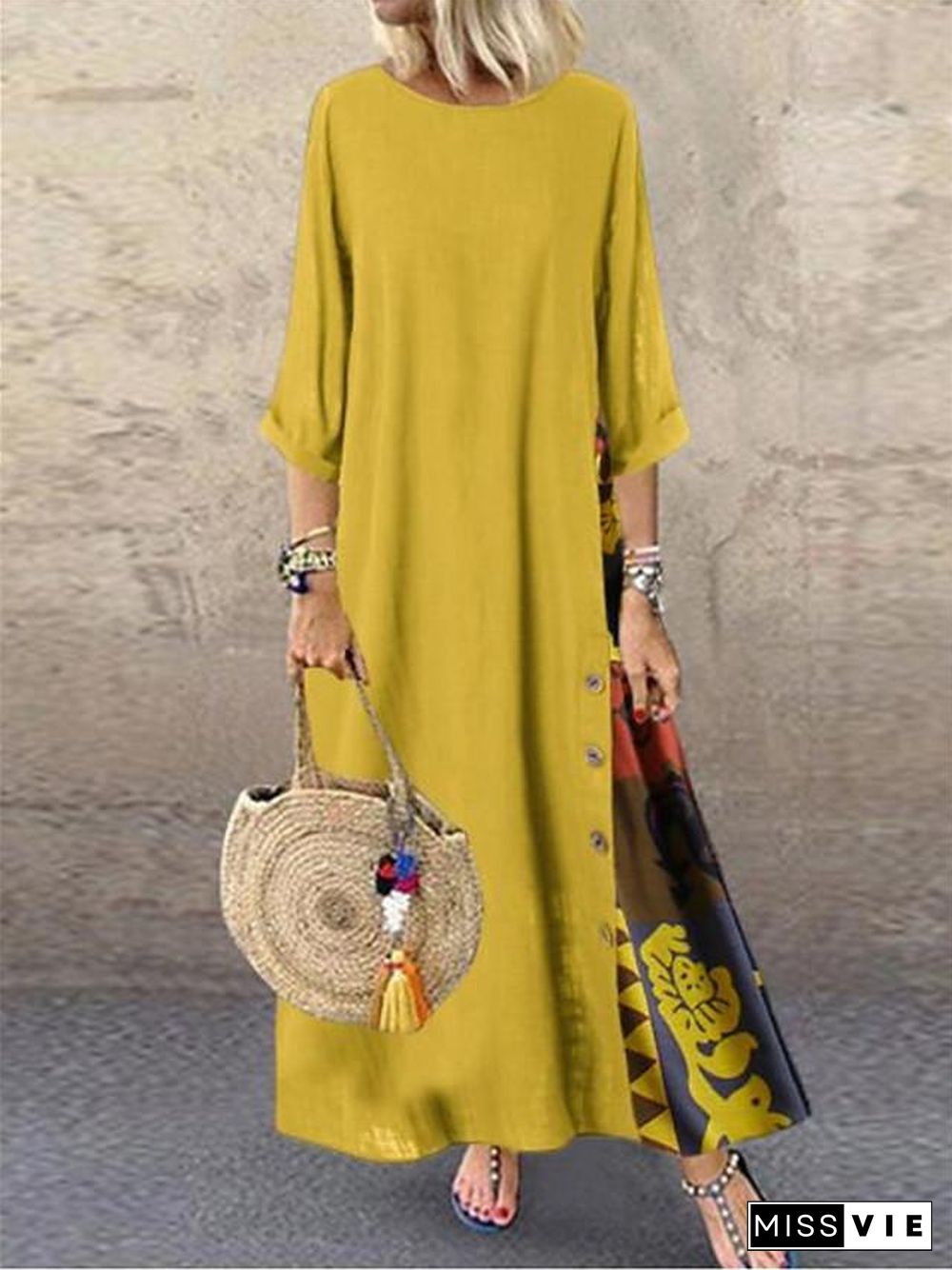 Women's Swing Dress Maxi long Dress - 3/4 Length Sleeve Print Print Spring & Summer Hot Casual Holiday vacation dresses Loose  Red Yellow Wine Army Green Navy Blue Gray L XL XXL 3XL 4XL 5XL