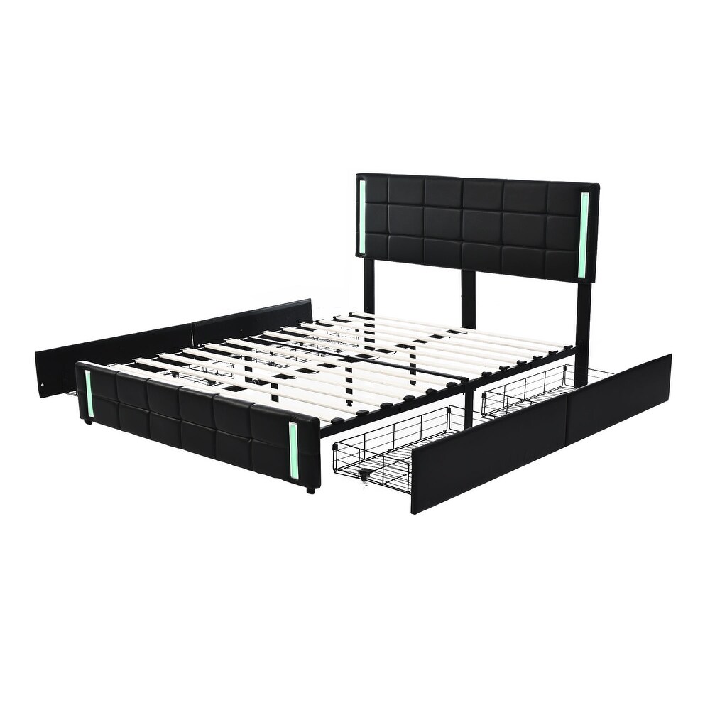 Queen Size Upholstered Platform LED Bed Frame