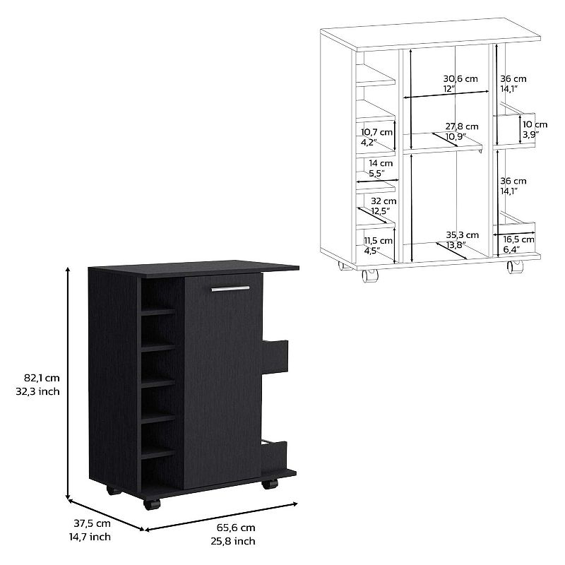 DEPOT E-SHOP Selden Bar Cart with 6-Built in Bottle Racks， Casters and 2-Open Side Shelves， Black