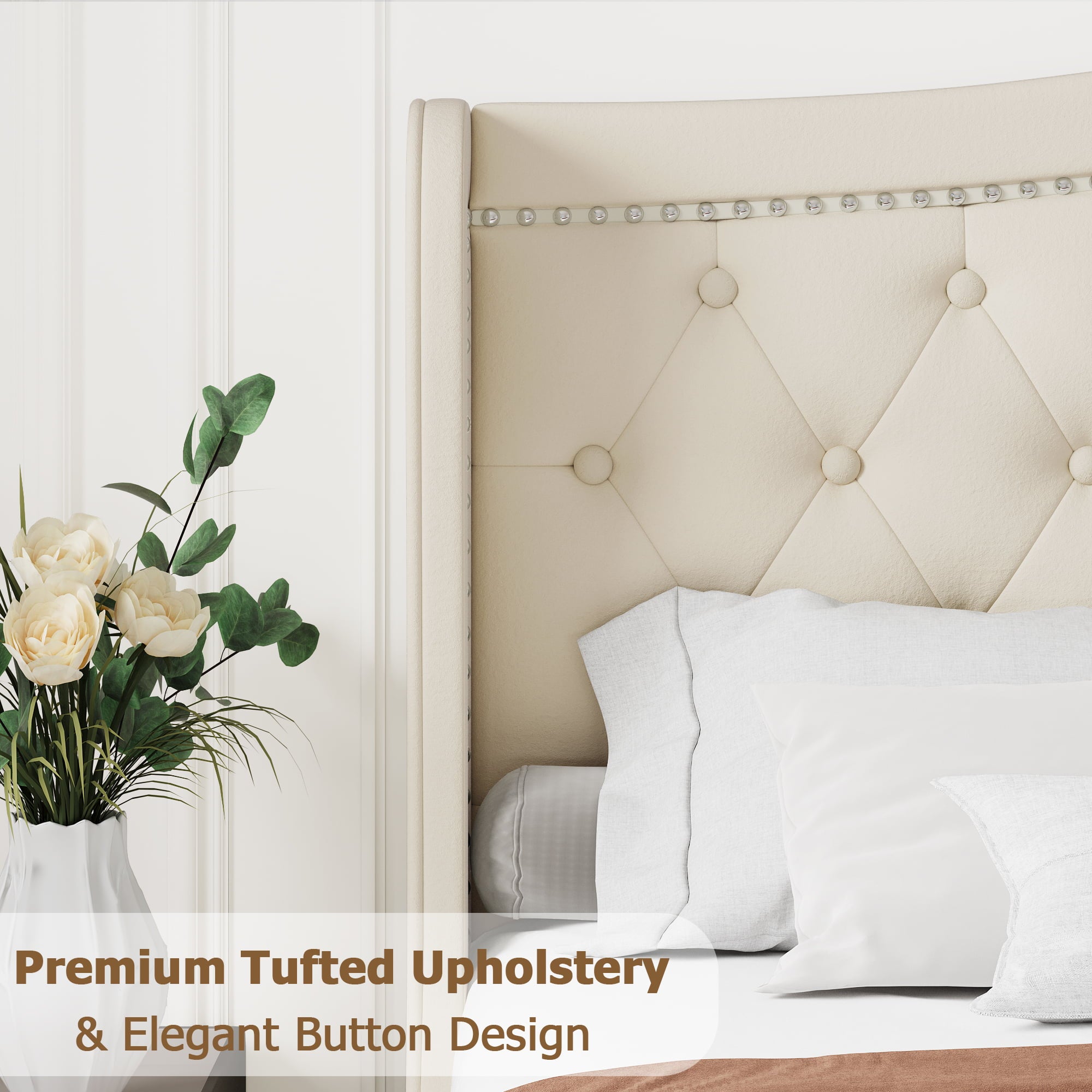 Homfa King Bed Frame, Modern Bed Frame with Wing-Back Button Tufted Upholstered Headboard, Wood Slat Support, Beige