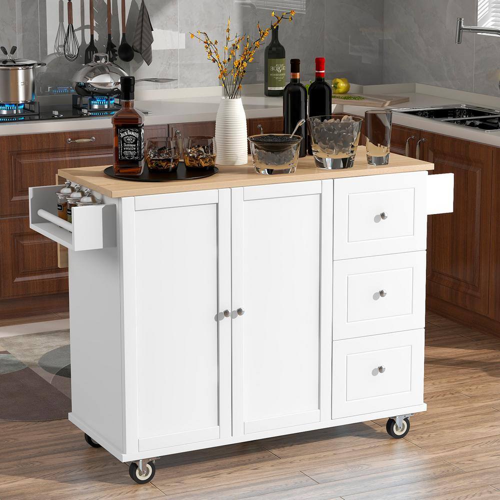 HwoamneT White Kitchen Island with Solid Wood Top Locking Wheels Storage Cabinet Drop Leaf Breakfast Bar Towel Rack Drawers SH#WF287035WH