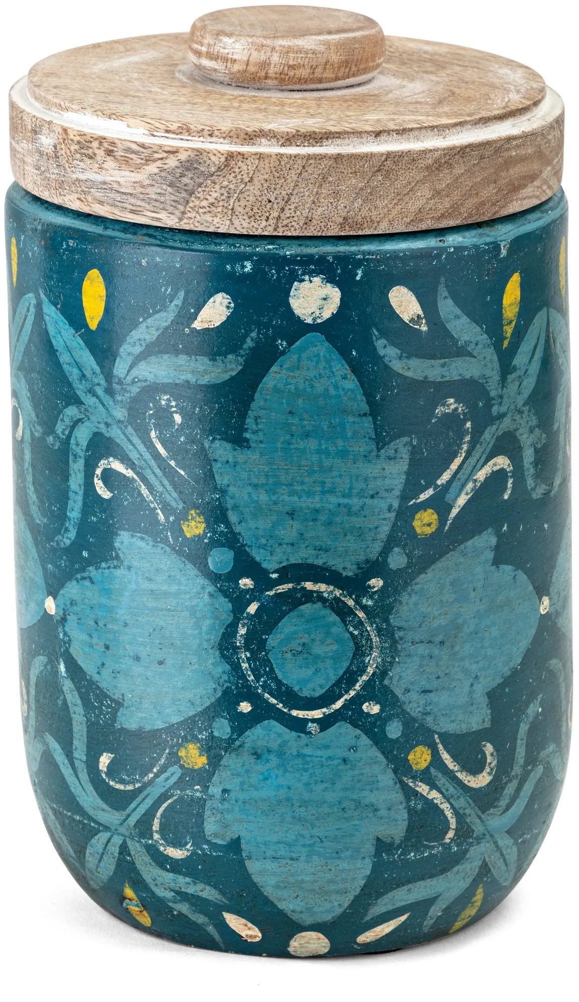 8 Inch Aqua Hand Painted Canister with Wood Lid