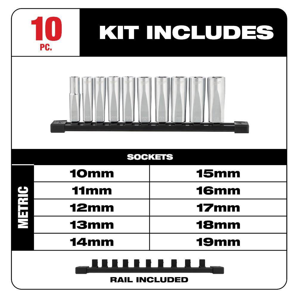 MW 38 in. Drive Metric Deep Well 6-Point Socket Set (10-Piece) 48-22-9505