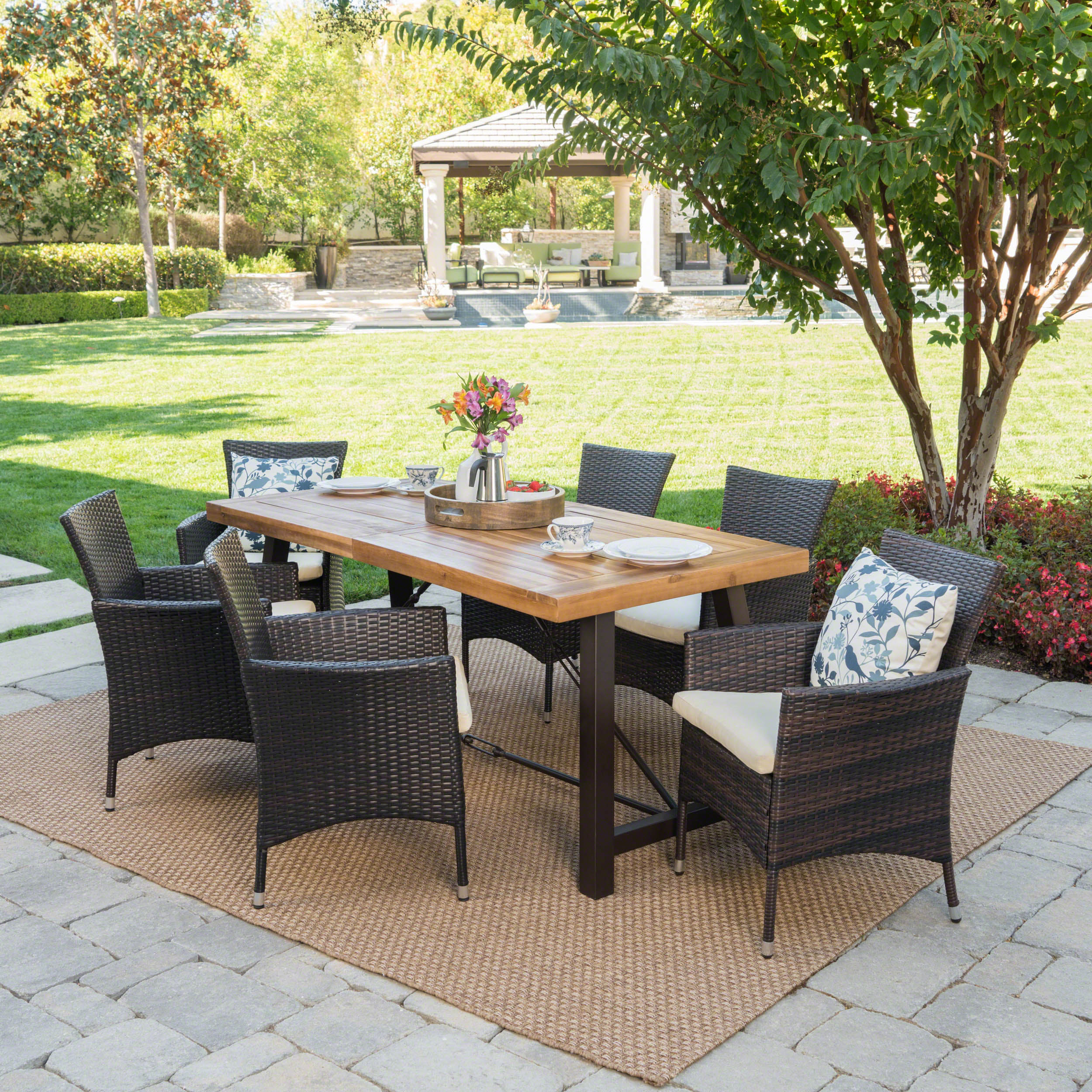 Toretto Outdoor 7 Piece Dining Set with Teak Finished Wood Table and Brown Chairs