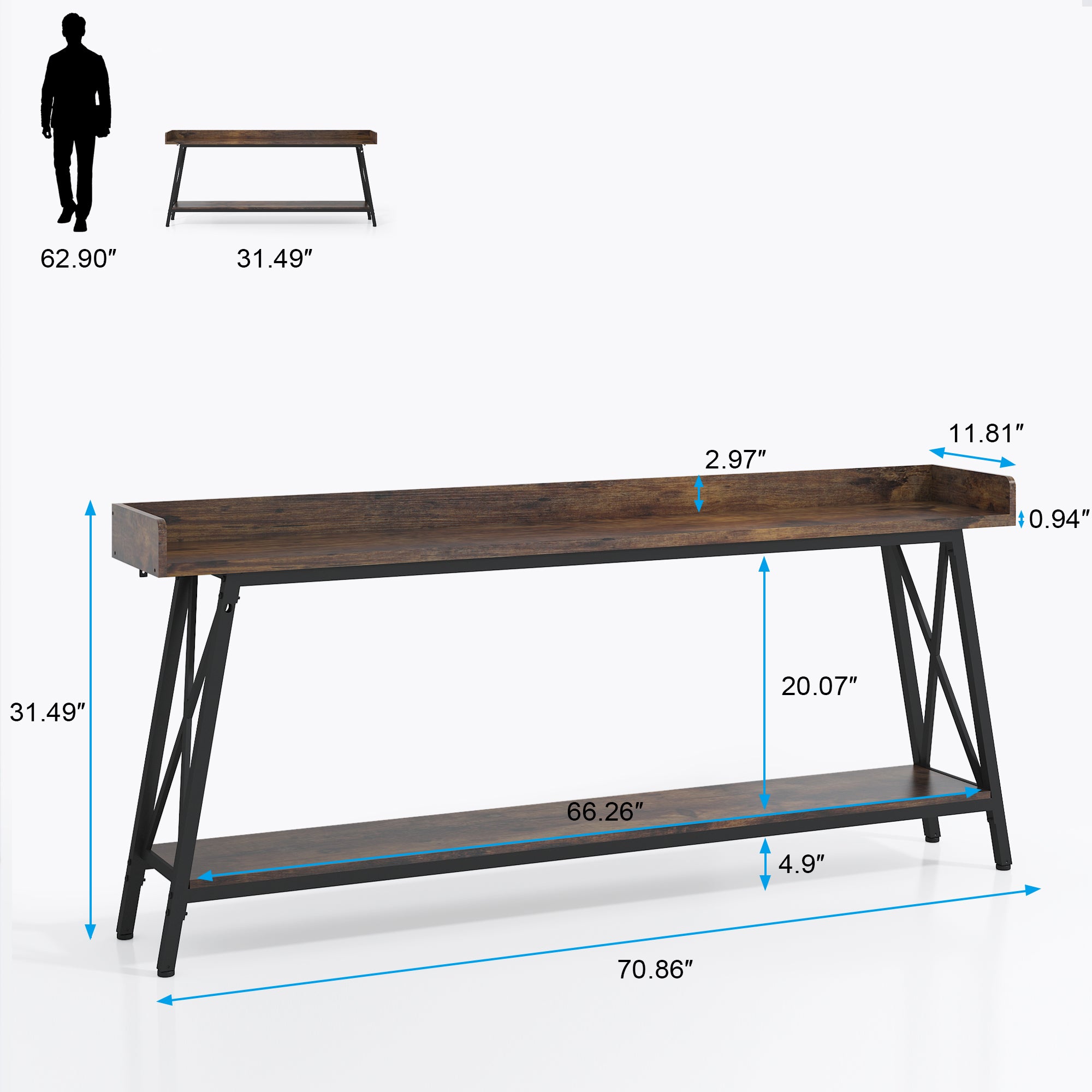 Industrial Sofa Table, 70.87 inch Narrow Console Table Behind Couch