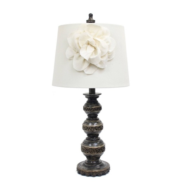 Aged Stacked Ball Table Lamp With Couture Linen Flower Shade White Elegant Designs