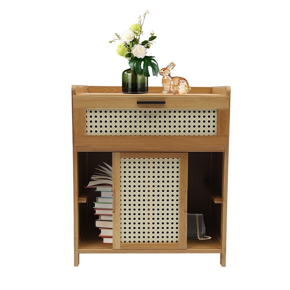 Bamboo Nightstand with Drawer and Shelf Bohemian Bedside Tables