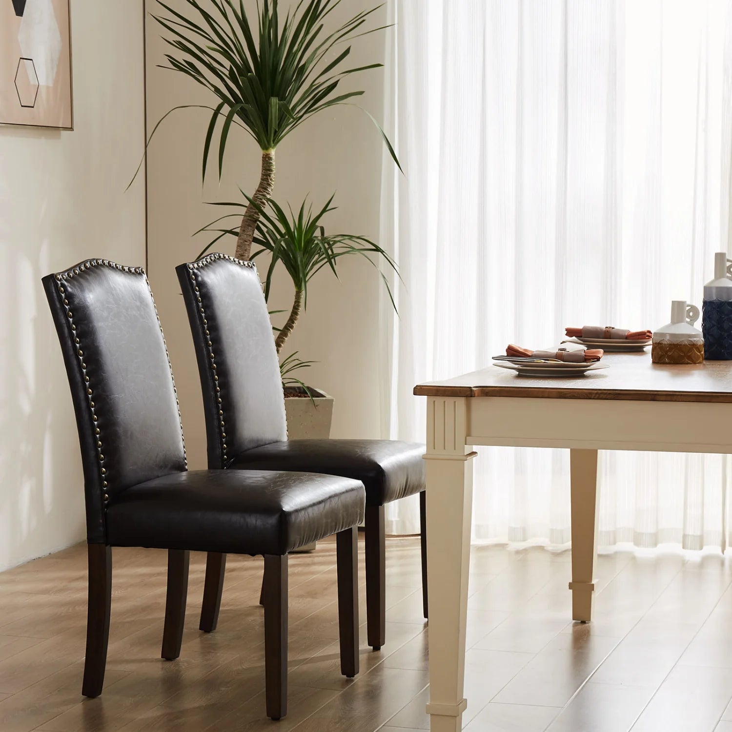 Set of 2 Dining Chairs with Nailhead Trim, Leather Seat with Wooden Legs, Vintage Style Furniture