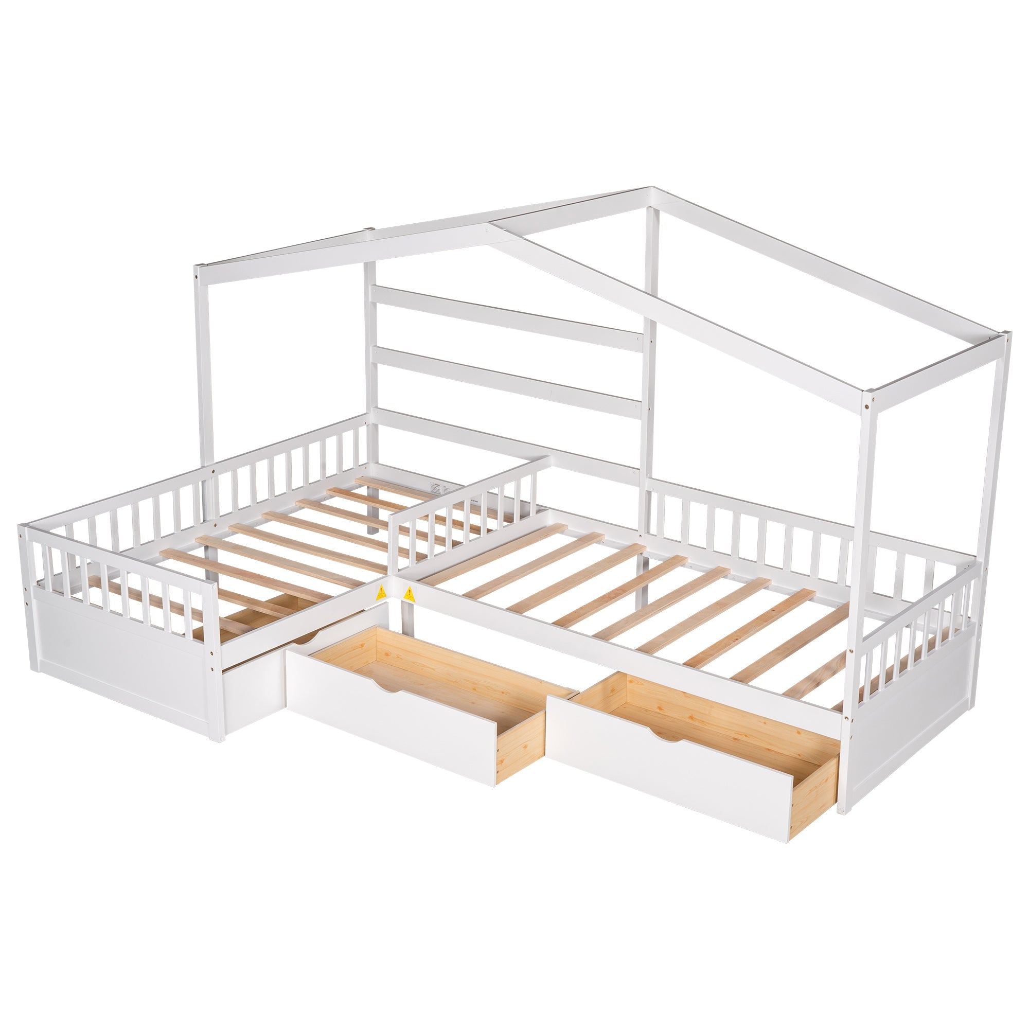 Wood Twin Double House Bed with Three Drawers for Kids, White