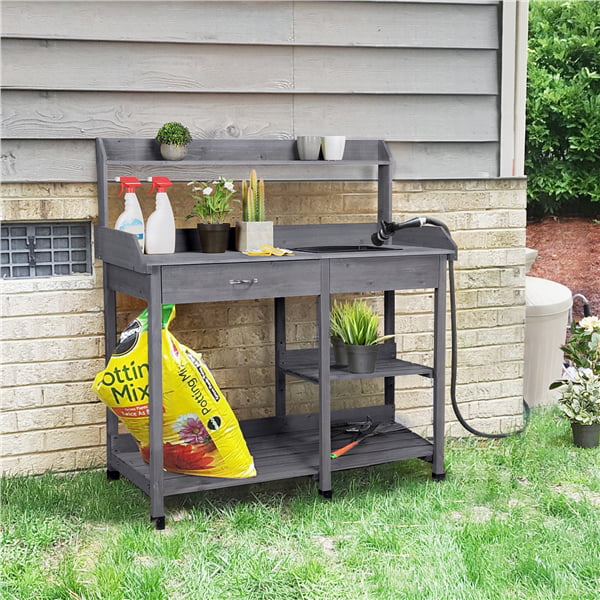 Yaheetech Potting Benches Tables Garden Potters Work Bench Station Planting Bench Solid Wood Outdoor Gray 45.2 x 17.7 x 47.6'' (L x W x H)