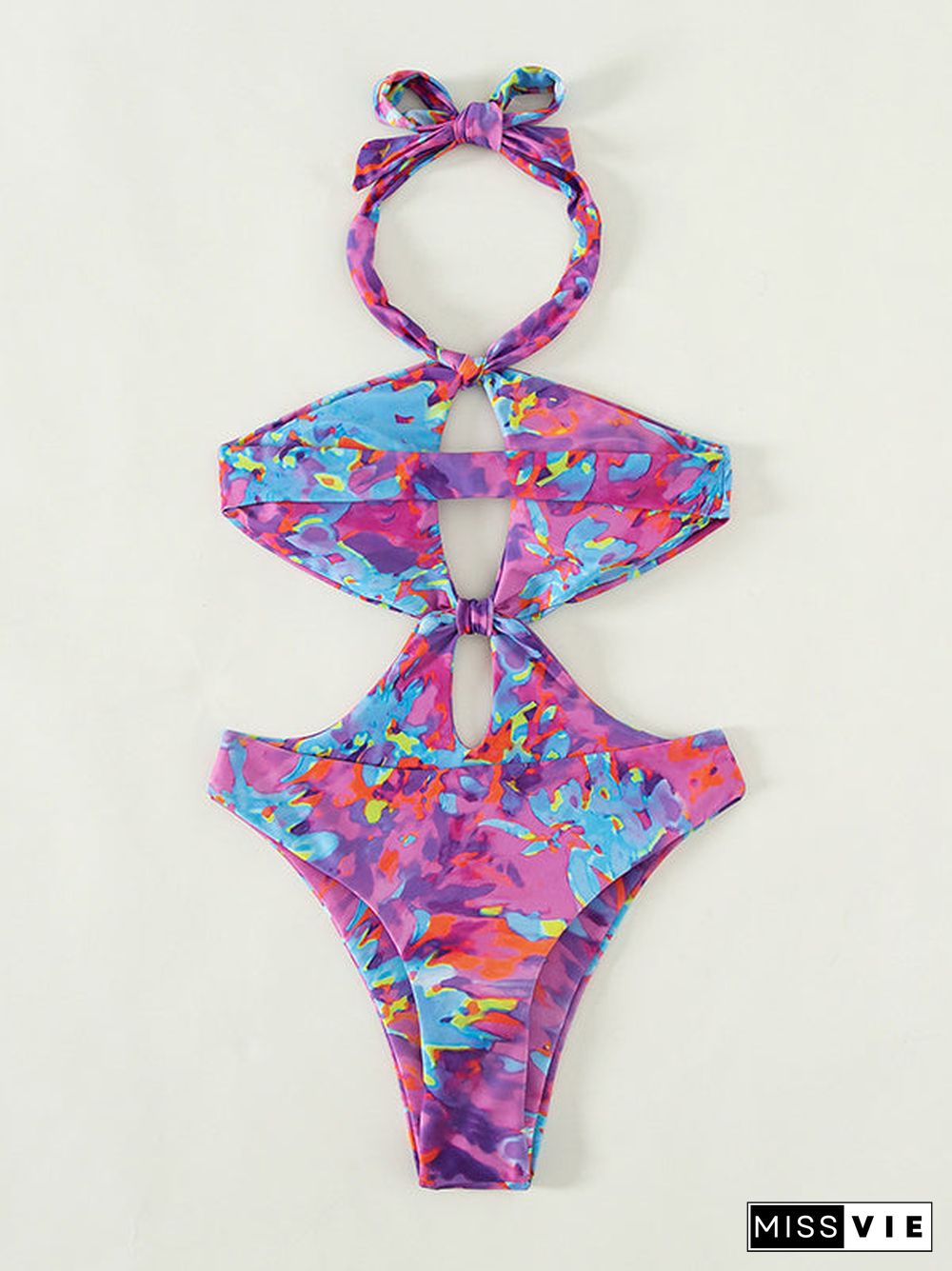 Hollow Lace-up Halter One Piece Swimwear