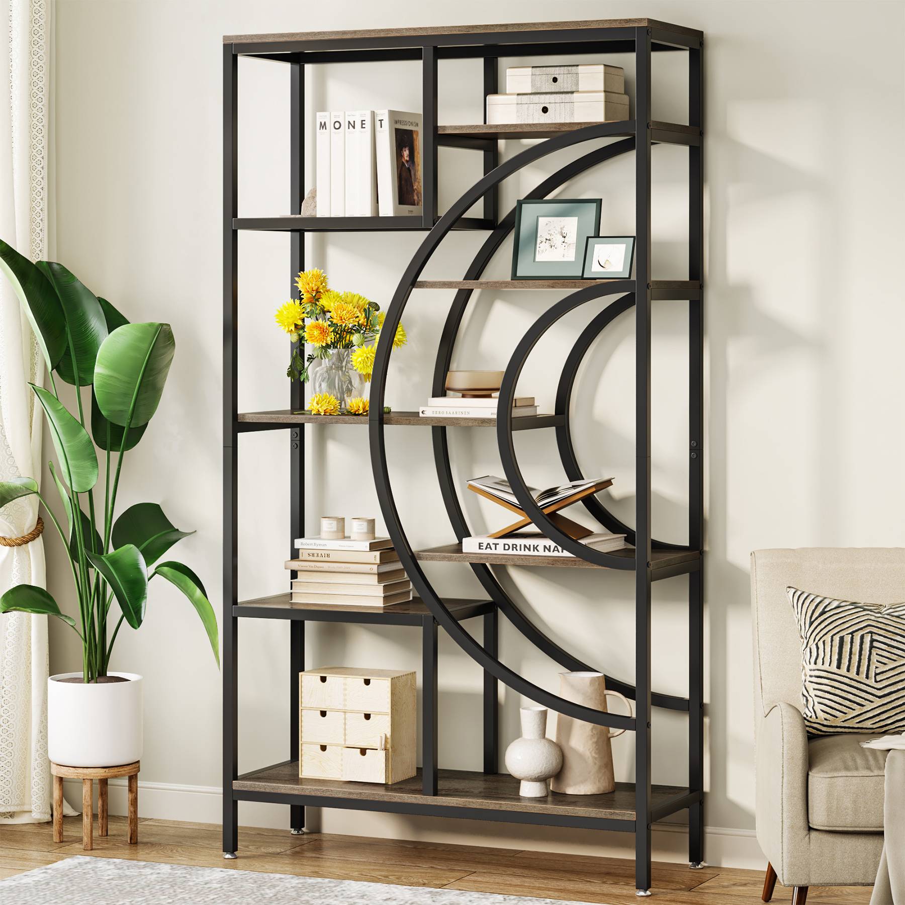 8-Tier Bookshelf, 71 Geometric Bookcase, Industrial Etagere Shelving Unit