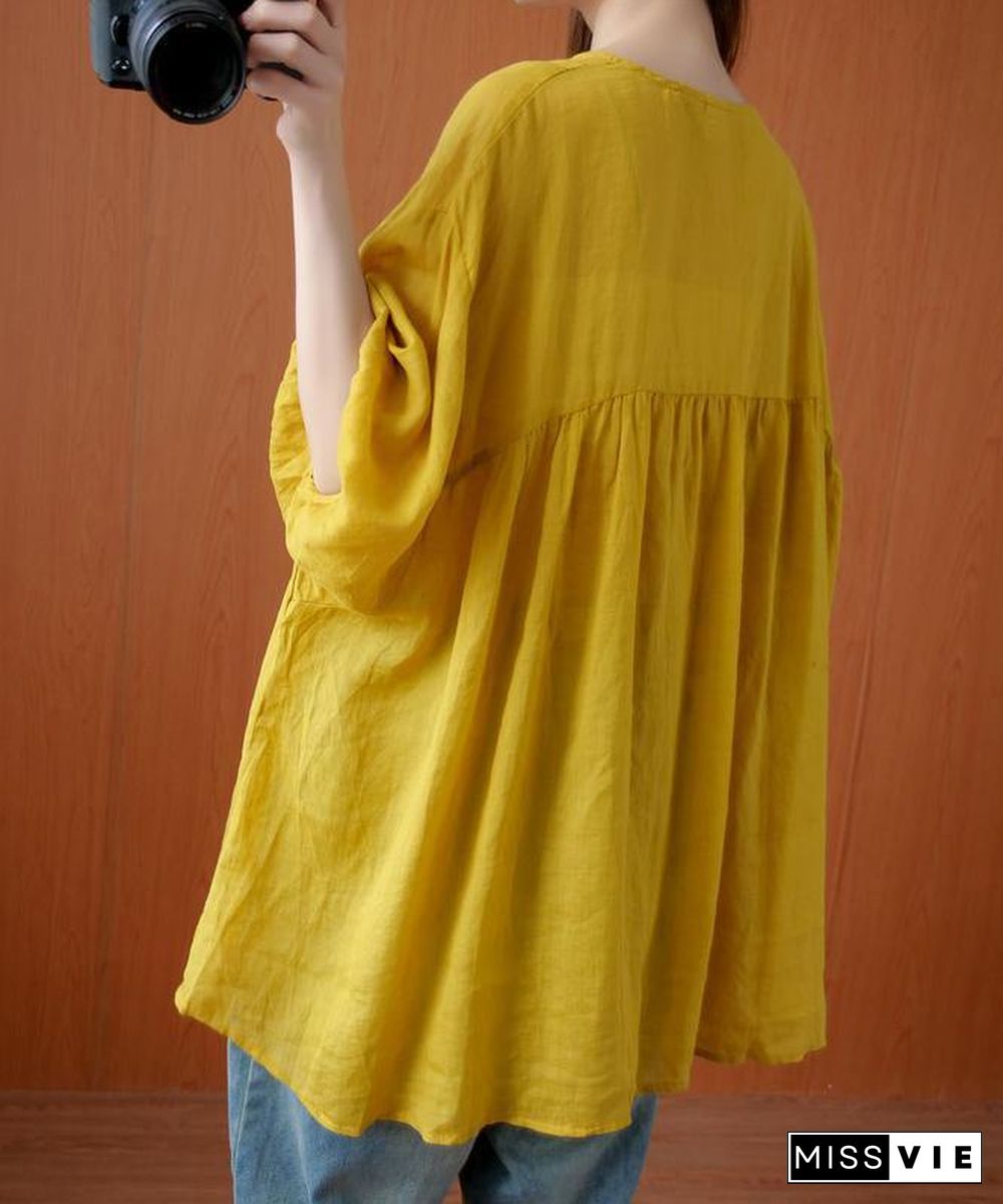 Elegant v neck drawstring blouses for women Sewing yellow top