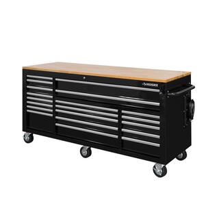 Husky 72 in. x 24.1 in. D 20-Drawer Mobile Workbench with Adjustable Height Solid Wood Top in Gloss Black HOLC7220B11M