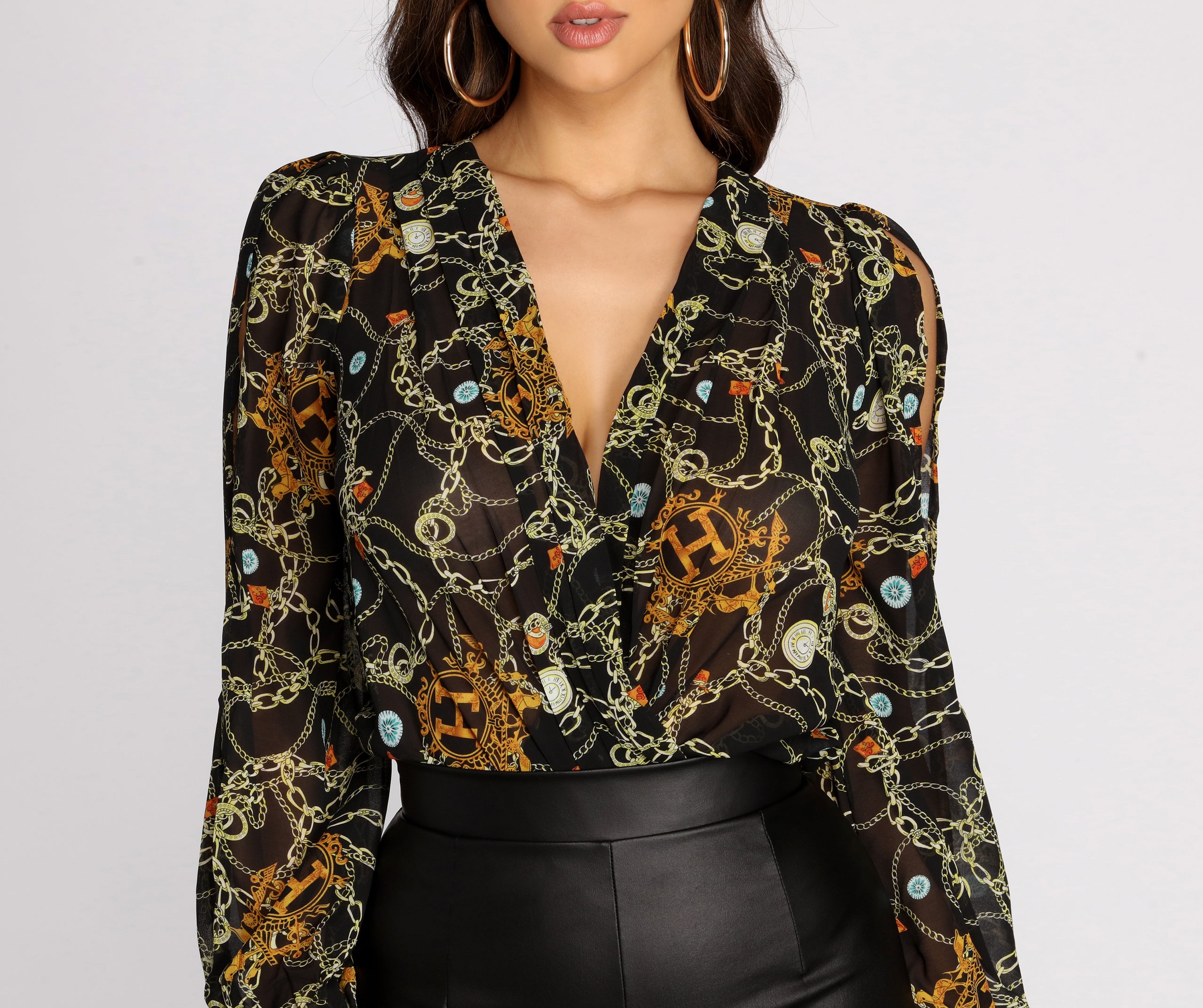 Time For Change Chain Print Wrap Bodysuit