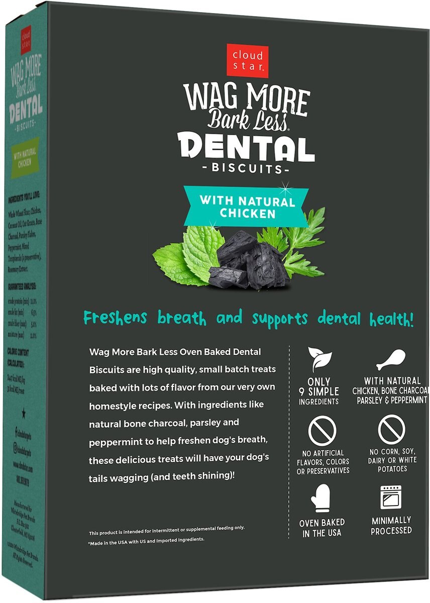 Cloud Star Wag More Bark Less Dental Chicken， Charcoal， Parsley， Mint Dog Crunchy Treats， 14-oz bag