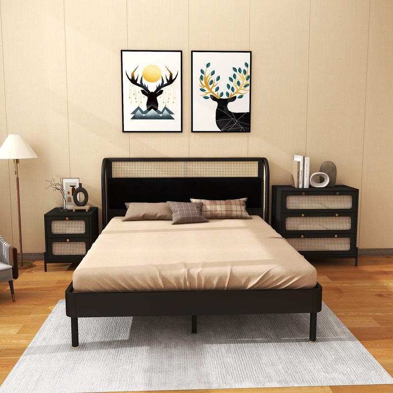 3-Piece Queen Bedroom Sets w/Rattan Platform Bed， Nightstand and Chest - - 37927426