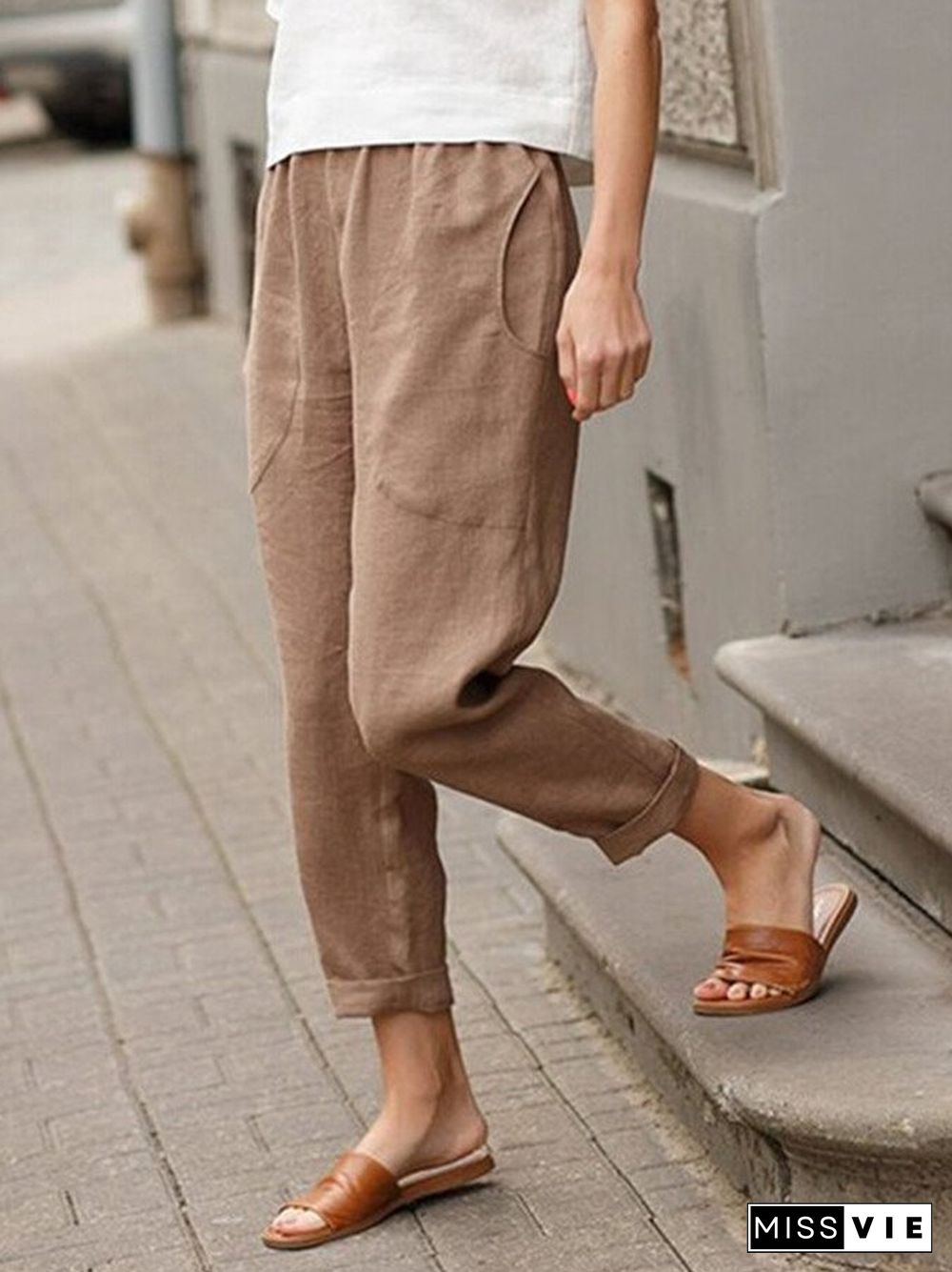 Women's Cotton Linen Solid Color Loose Pocket Harem Pants