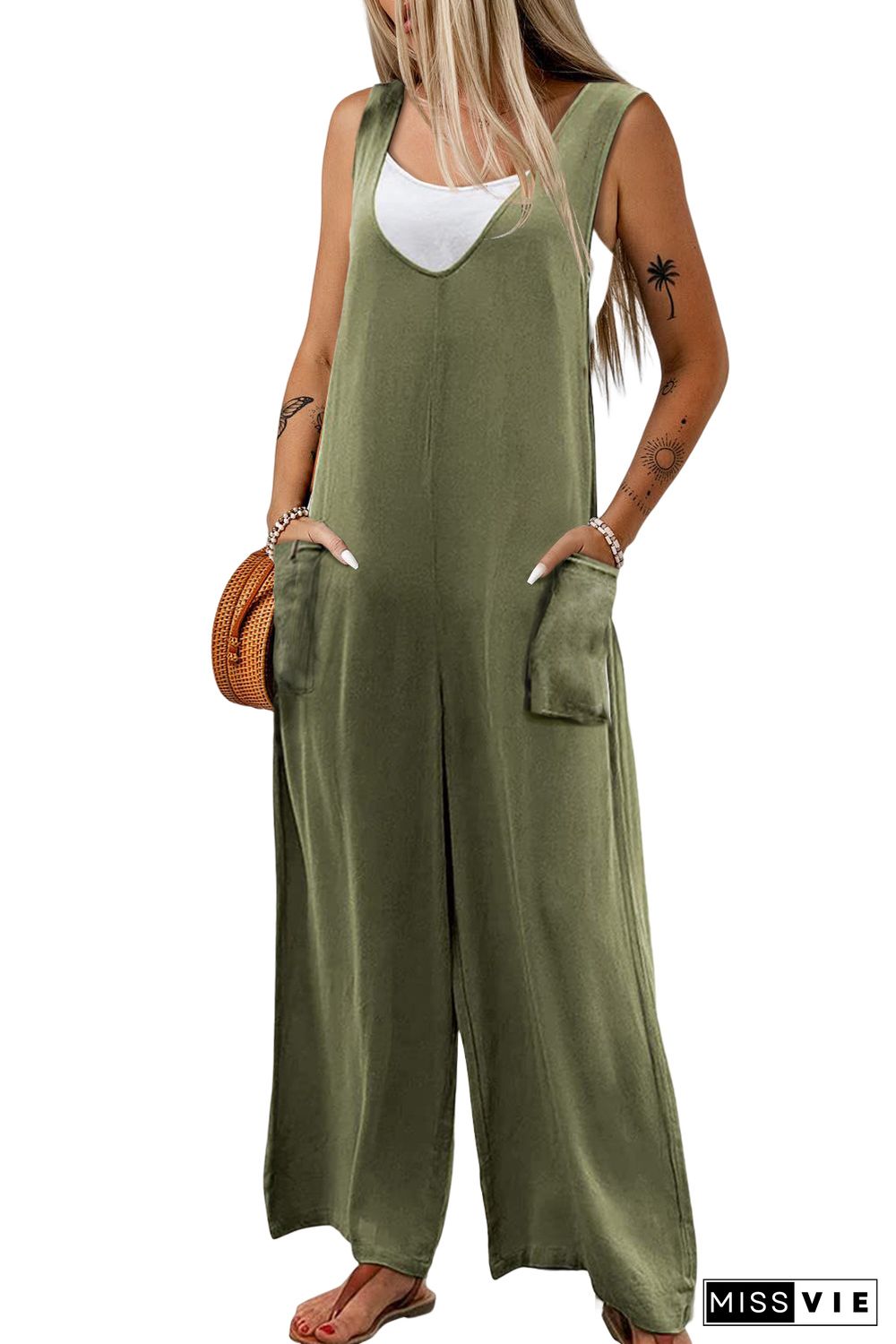 Green Sleeveless V Neck Wide Leg Jumpsuit with Pockets