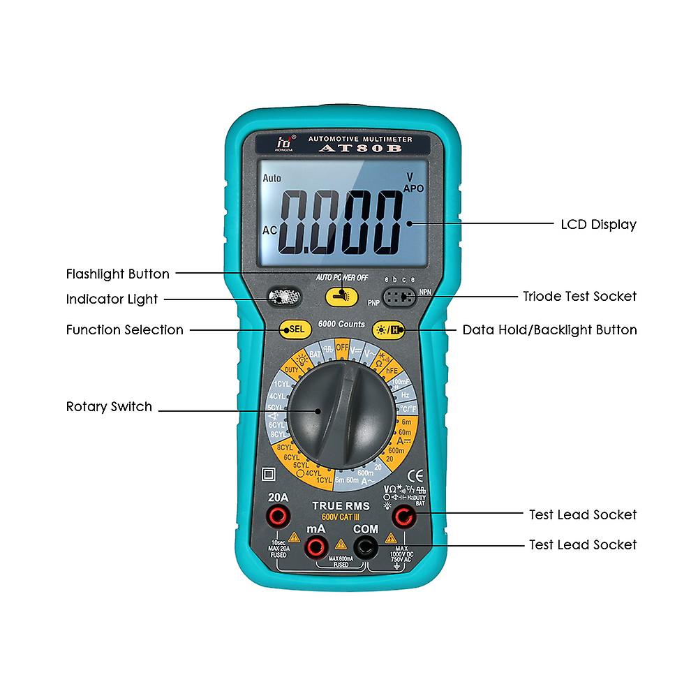 Multi-functional Lcd Digital Automotive Multimeter Dmm 6000 Counts Display True Rms Auto Range Ac/dc Voltage Current Meter Resistance Large Capacitanc