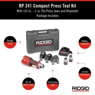 RIDGID RP 241 Compact Inline Press Tool Kit Includes 3 ProPress Jaws (12 in. 34 in. 1 in.) 2-12V Batteries Charger + Case 57373