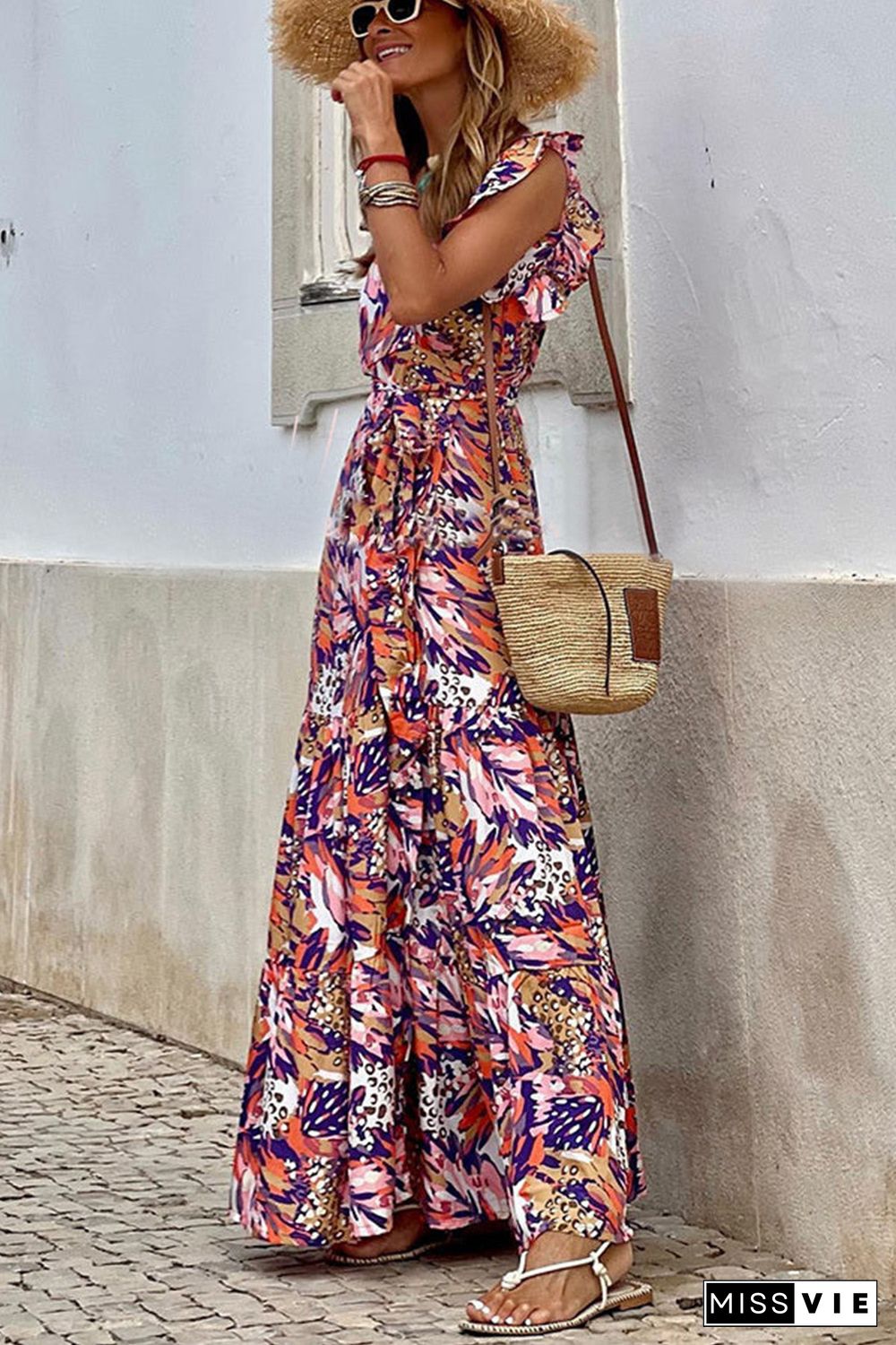 Multicolor Sleeveless Ruffled Lace-up High Waist Floral Maxi Dress