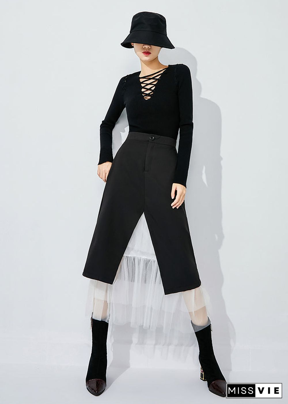 Fashion Black High Waist Tulle Patchwork Spandex Skirt Summer