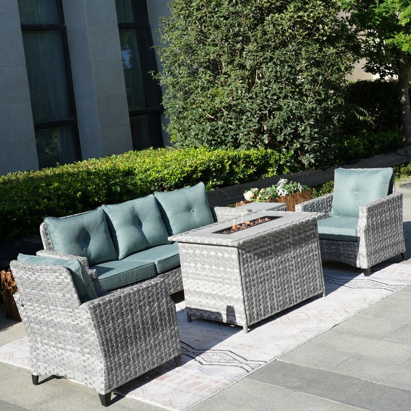 5 Piece Patio Wicker Sofa Set with Firepit Table and Rain cover