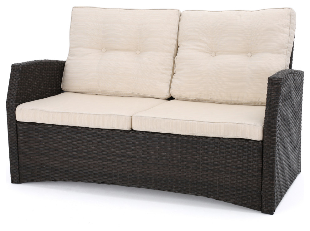 GDF Studio 4 Piece Del Norte Outdoor Wicker Chat  Beige Water Resistant Set   Tropical   Outdoor Lounge Sets   by GDFStudio  Houzz