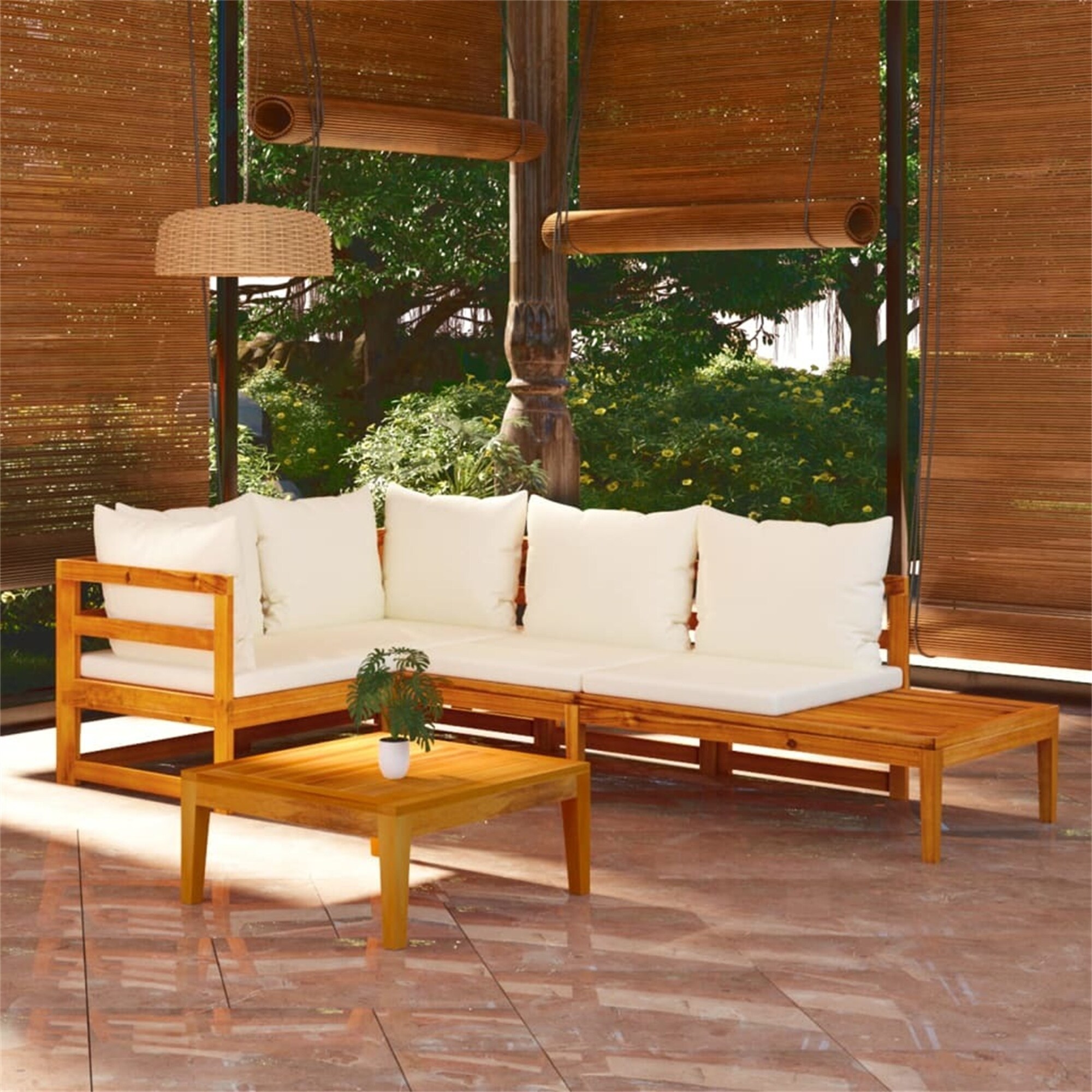 4 Piece Outdoor Patio Lounge Set with Cream White Cushions Acacia Wood