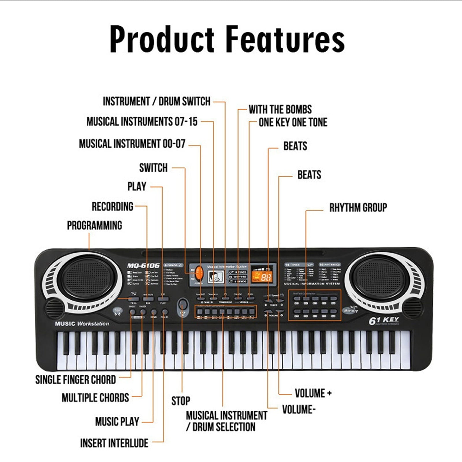 61 Keys Kids Digital Music Electronic Keyboard Electric Piano Beginner Keyboard for Girls and Boys， Ages 4-8， 9-12， 13-19 with Microphone