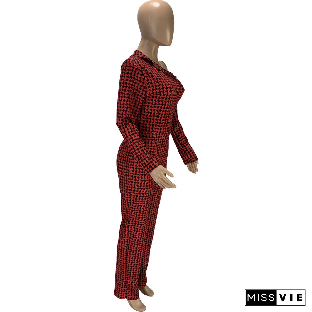 Hot Sale Plaid Print Long Sleeve Slant Shoulder Loose Jumpsuit