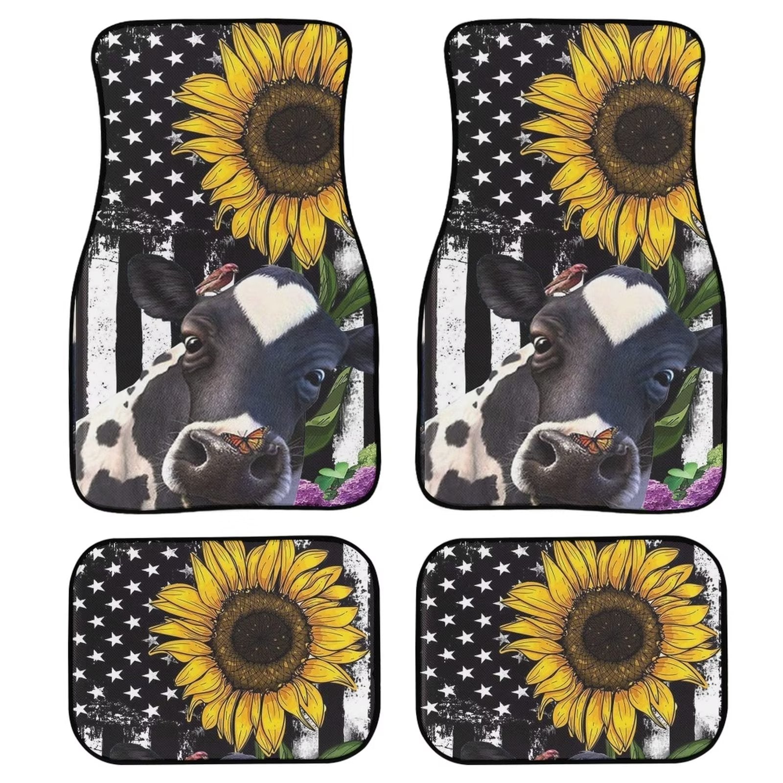 FKELYI Car Floor Mat with Cow Sunflower for Women Men Thick American Flag Foot Carpet Rug Hard-Wearing Car Floor Mat Bench Universal for Auto Car SUV Truck