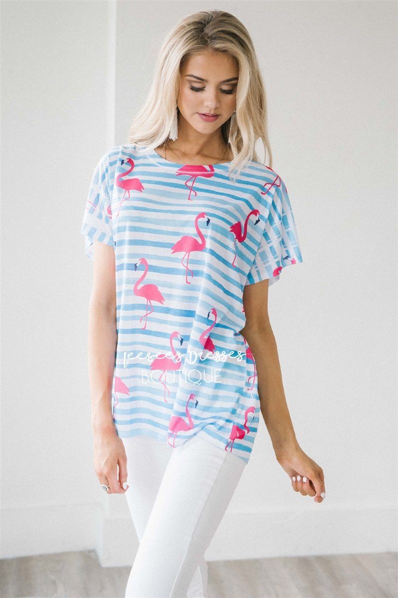 Flamingo Print Striped Top