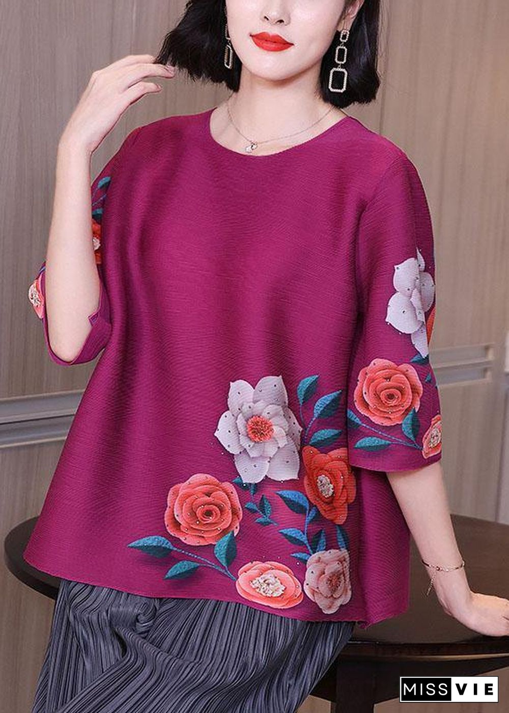 Elegant Pink Floral Short Sleeve Blouse Tops