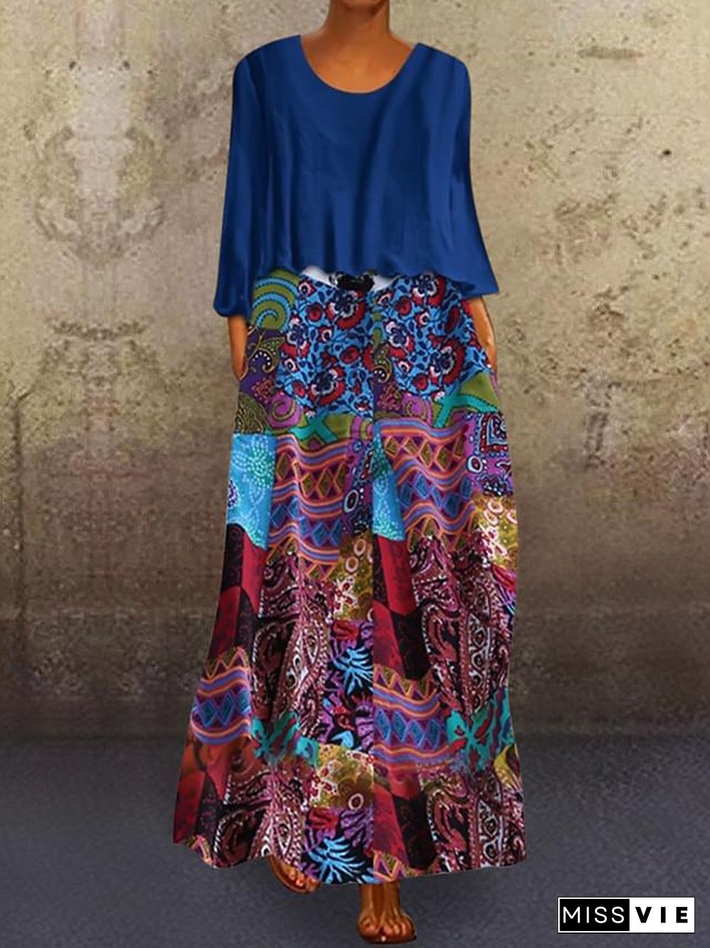 Women's Two Piece Dress Maxi long Dress - 3/4 Length Sleeve Graphic Print Plus Size Hot Holiday Loose Blue Purple Orange M L XL XXL 3XL 4XL 5XL