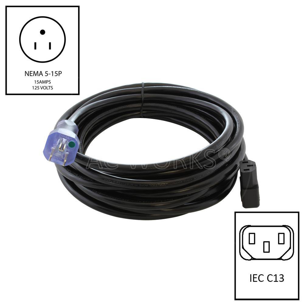 AC WORKS 20 ft. 143 15 Amp Medical Grade Power Cord with Right Angle IEC C13 MD15ACRC13-240BK