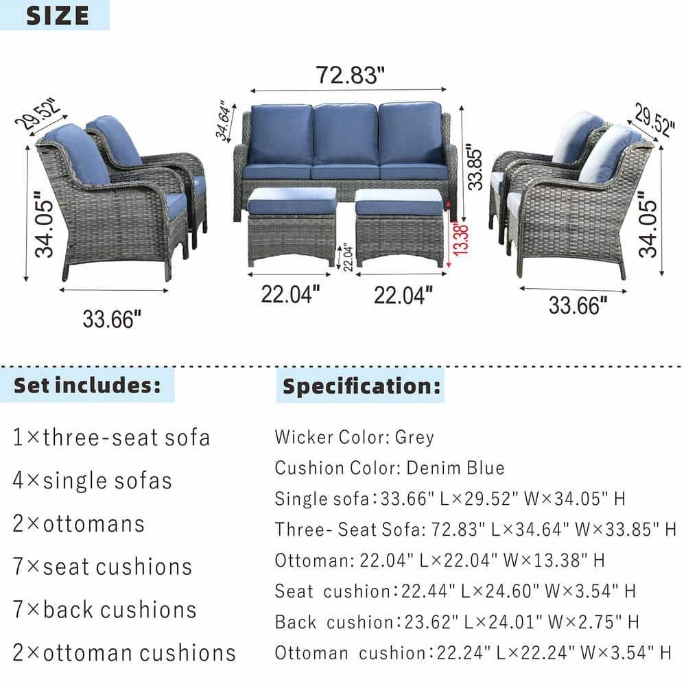 XIZZI Erie Lake Gray 7-Piece Wicker Outdoor Patio Conversation Seating Sofa Set with Denim Blue Cushions ZGNTC307DB