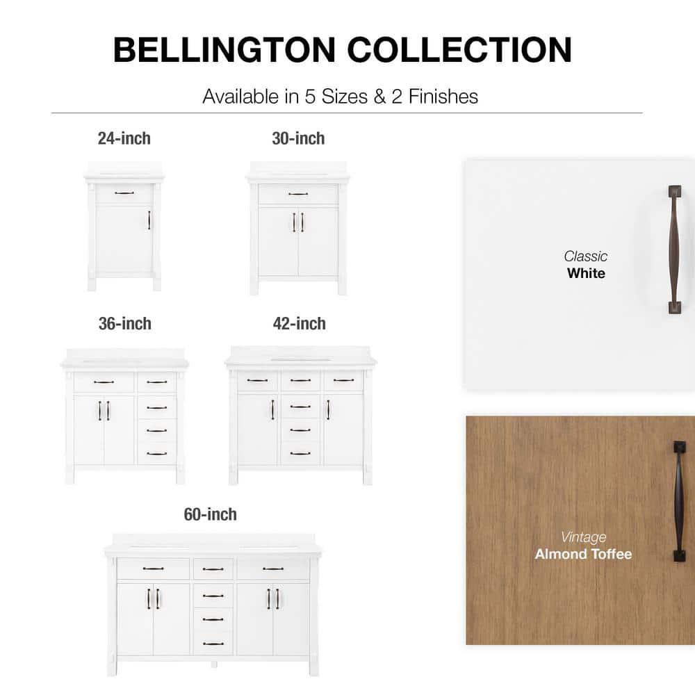 Home Decorators Collection Bellington 60 in W x 22 in D x 345 in H Bath Vanity in Almond Toffee with White Engineered Stone Top