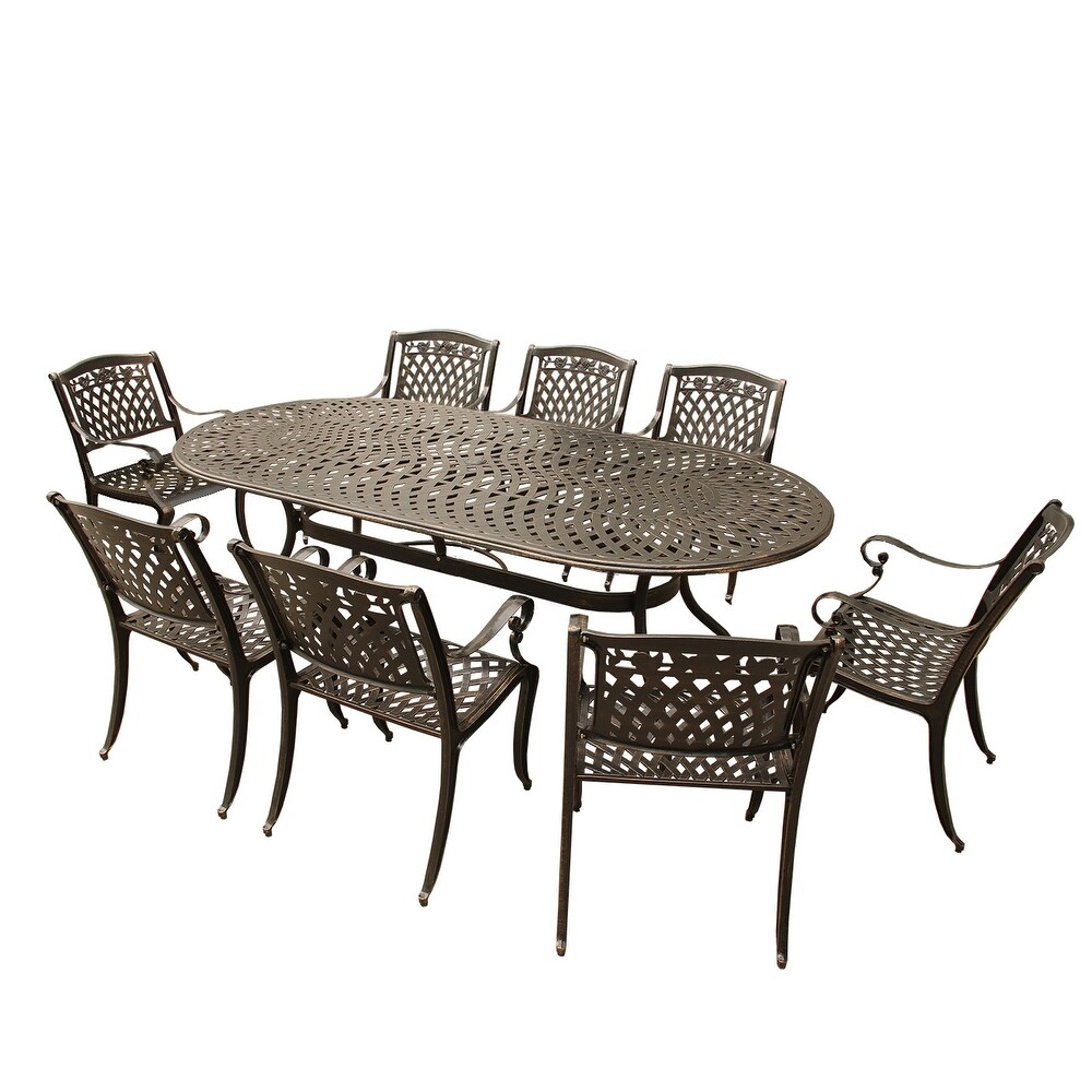 Outdoor Lattice 95 inch Oval Dining Set with Eight Arm Chairs