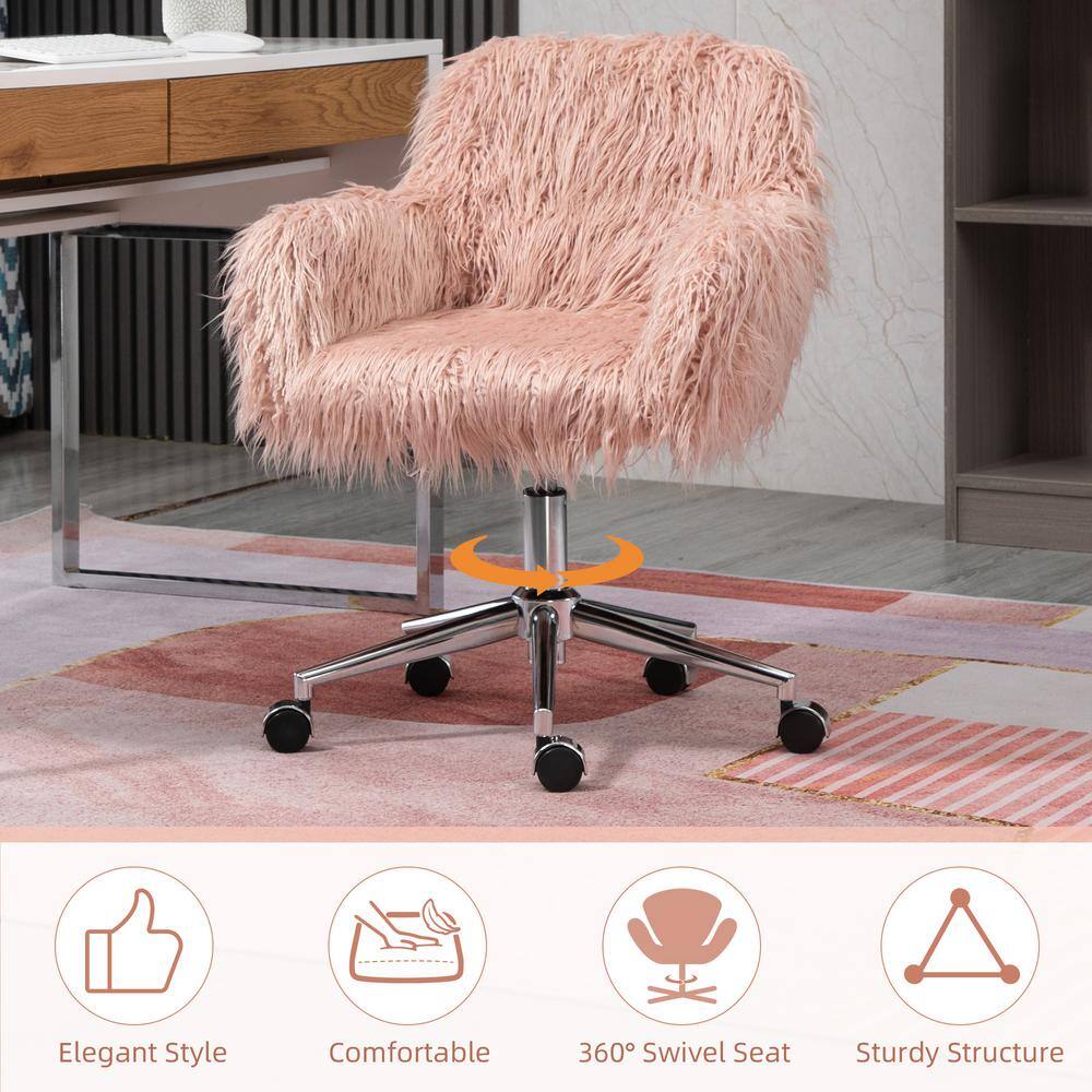 Vinsetto Pink Faux Fur Desk Chair Swivel Vanity Chair with Adjustable Height and Wheels 921-548PK