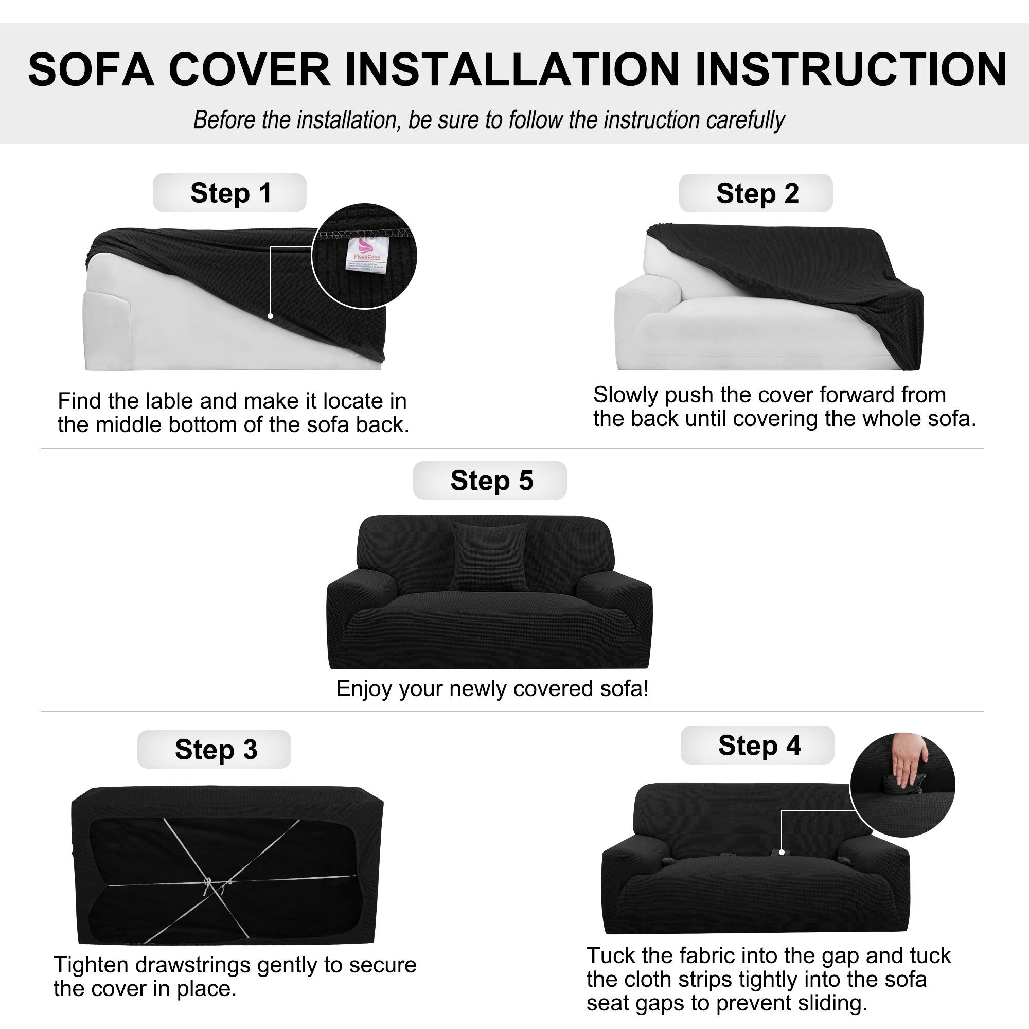 PiccoCasa Jacquard Sofa Covers 1-Piece Seater Couch Cover Furniture Protector Black 88