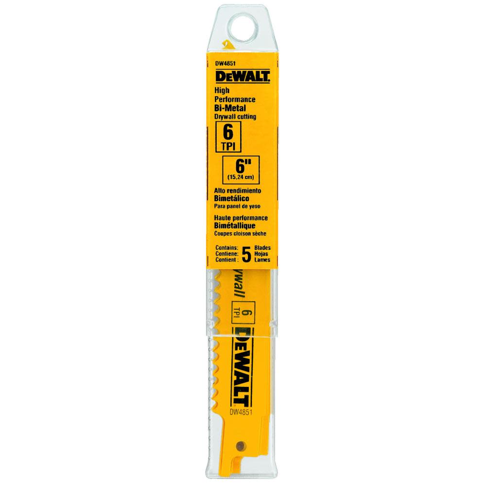 DEWALT 6-in 6TPI Plaster Cutting Bi-Metal Reciprocating Saw Blade (5 pack) DW4851 from DEWALT