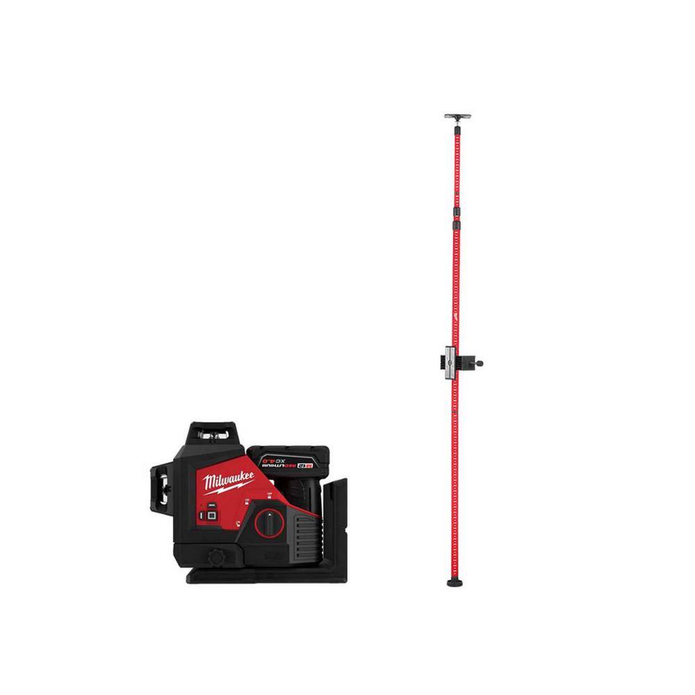 MW M12 Green 250 ft. 3-Plane Laser Level Kit with One 4.0 Ah Battery with 12 ft. Telescoping Laser Level Pole 3632-21-48-35-1511