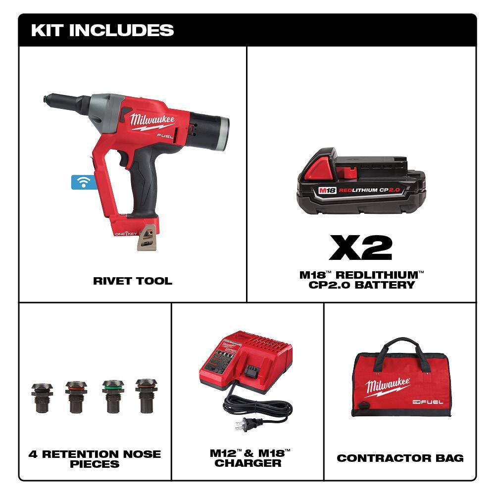 MW M18 FUEL ONE-KEY 18-Volt Lithium-Ion Cordless Rivet Tool Kit with Two 2.0 Ah Batteries Charger and Protective Boot 2660-22CT-49-16-2660B