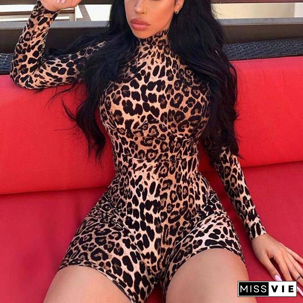 Autumn Leopard Playsuit Women Sexy Romper Tiger Pattern Playsuit Ladies Long Sleeve Short Jumpsuit Female