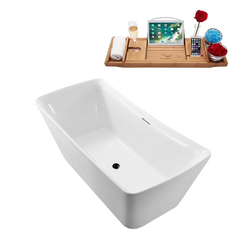 Streamline 62 in. Acrylic Flatbottom Freestanding Bathtub in Glossy White with Matte Black Drain N550BL