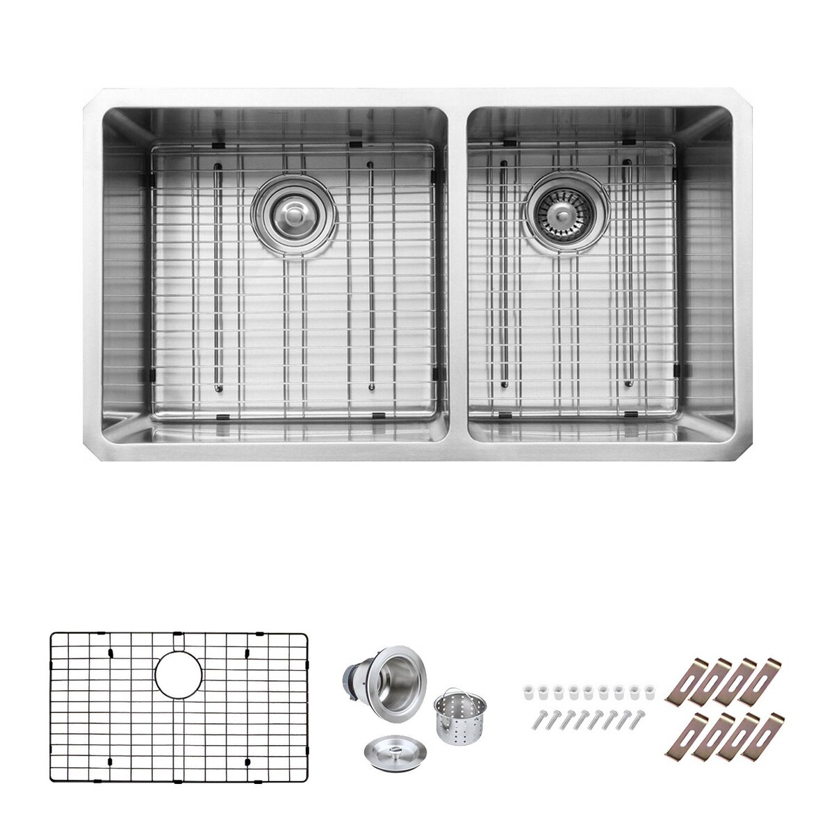 Signature Undermount Stainless Steel 33-Inch 60/40 Reversible Double Bowl Kitchen Sink W/ Grids and Strainer Drains