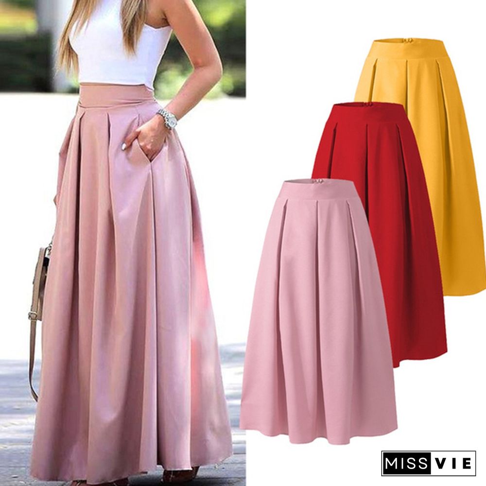 Women Summer Elegant Casual A-Line Skirt Plain Basic Fashion Big Swing Long Dress Skirt