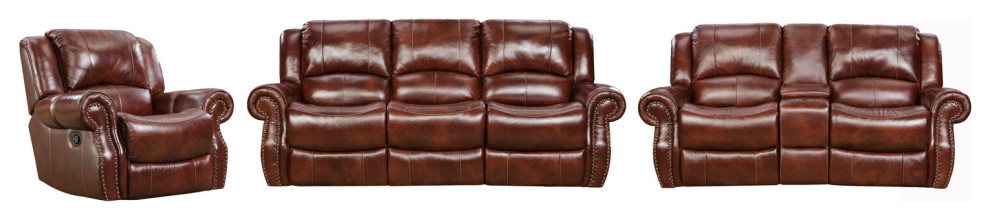 Aspen 100% Genuine Leather 3 Piece Living Room Set  Oxblood   Transitional   Living Room Furniture Sets   by Almo Fulfillment Services  Houzz